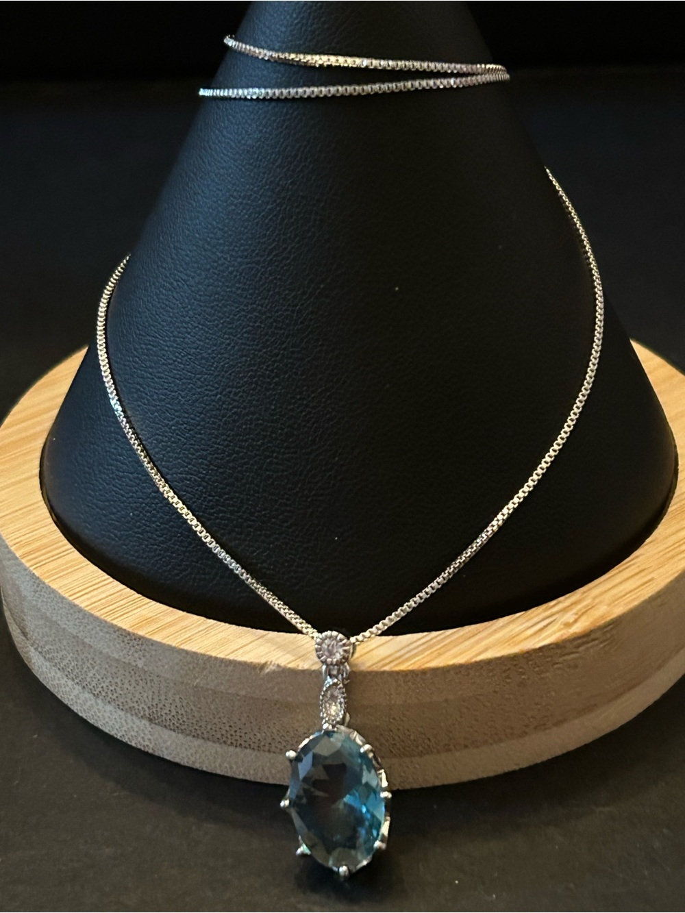 18” Adj Silver-Tone Necklace w/Large Carat Deep Blue Oval Gemstone Pendant